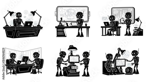 Robotics concept set with different robot characters working in office at desk with laptops computers or collaborating isolated vector illustration