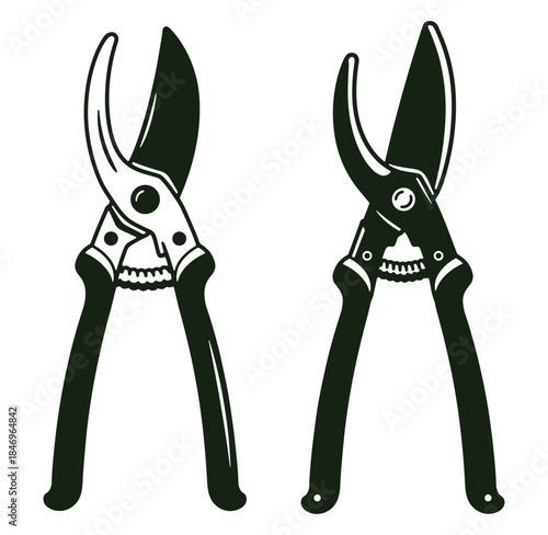 Black and white illustration of garden pruning shears tools on a white background design