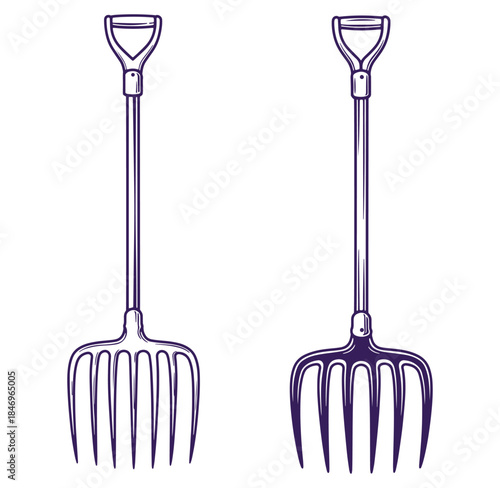 Detailed vector illustrations of two pitchforks for agriculture and gardening purposes