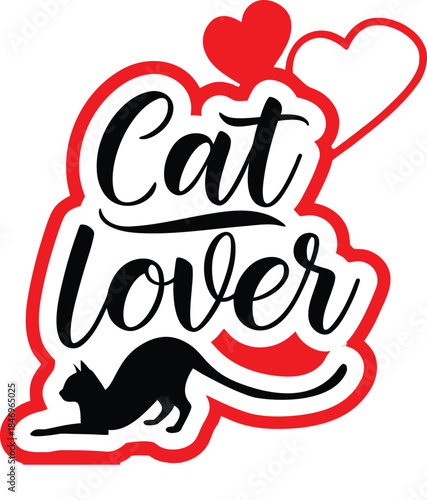 Black cat silhouette with cat lover text and hearts
