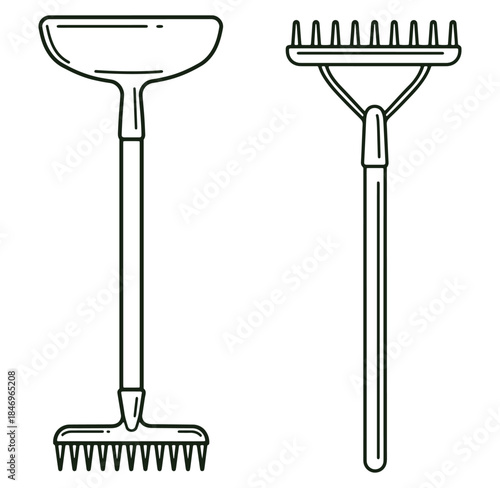Illustration of garden tools including a broom and rake outline in vector format