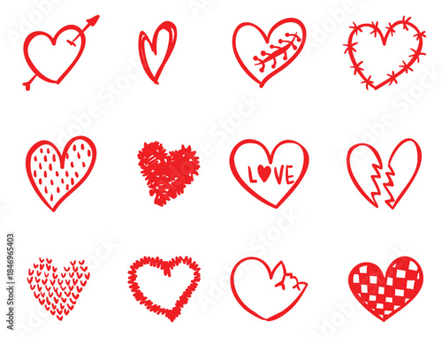 set of red hearts, Set of hearts icon, heart drawn hand - stock vector