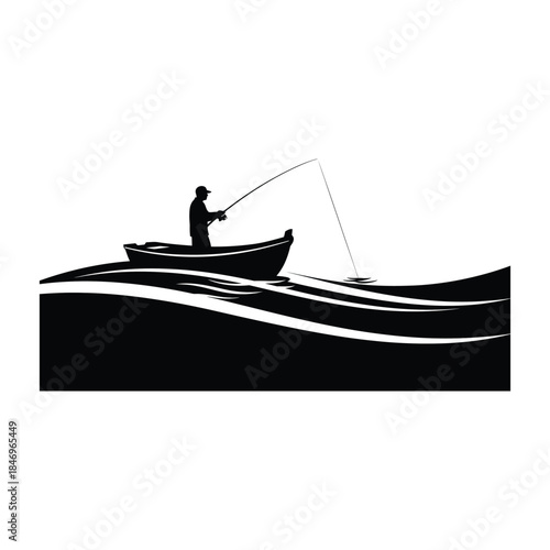 Monochrome silhouette of a fisherman standing in a small boat and casting a fishing rod on the waves..
