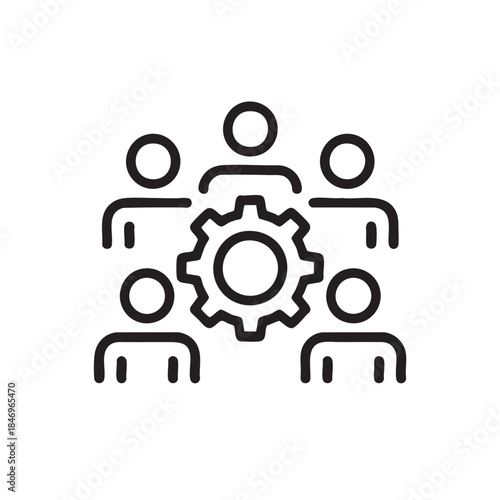 Teamwork collaboration icon representing people working together with central gear symbol