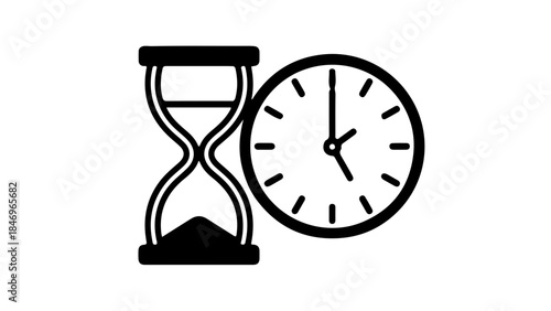 Solid Black Vector Icon Pair of Hourglass and Analog Clock Symbolizing Time Management and Deadlines