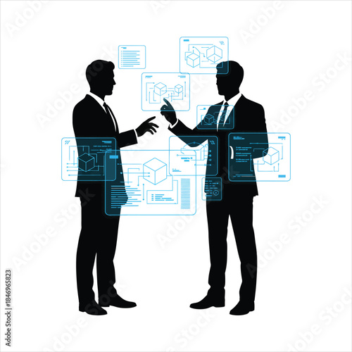 Business professionals discussing digital strategy with virtual data interface illustration