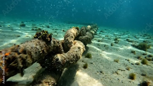 Underwater view of a large rusty anchor chain resting on sandy seabed with clear blue water and small bubbles rising towards the surface in bright daylight