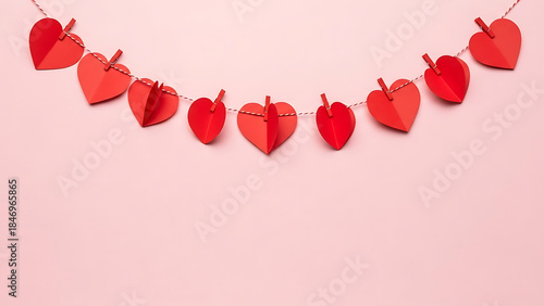 Red paper heart garland on pink background with copy space