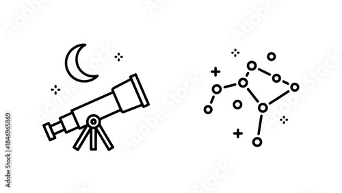 Telescope under crescent moon with constellation icon set (night sky)