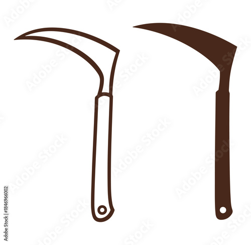 Simple outlined and filled scythe illustrations depicting a grim reaper tool concept