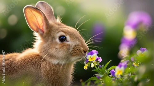 Cute rabbit sniffing colorful flowers in a natural setting