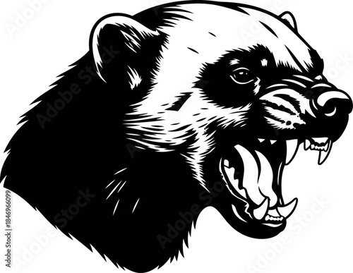 Aggressive Wolverine Head Illustration Black and White Vector Art