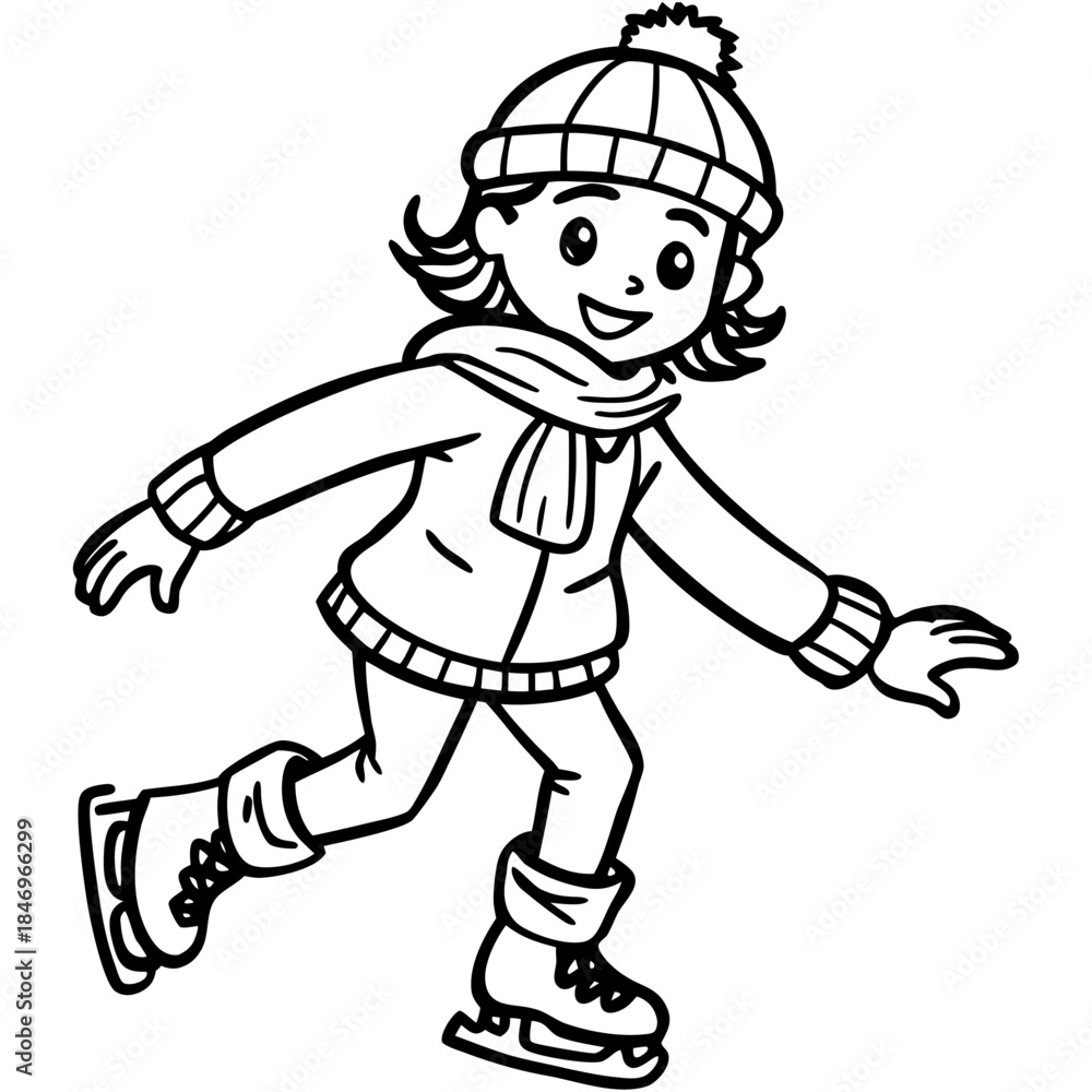 Obraz premium Girl Ice Skating in Winter Clothes Vector Illustration