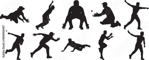 set of black silhouettes of men playing baseball