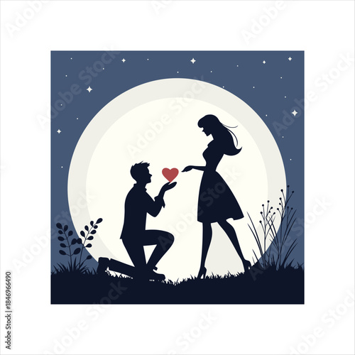 Couple in love silhouette under night sky with moon and stars romantic scene