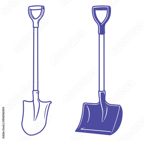 Two detailed blue shovel illustrations for gardening construction and outdoor activities