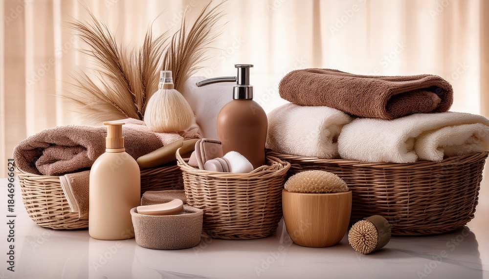 Fototapeta premium beige and brown bath accessories in wicker baskets
