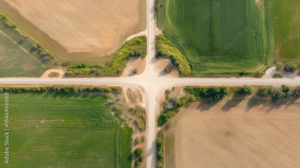 Fototapeta premium Crossroads in a rural area with fields surrounding it during daytime