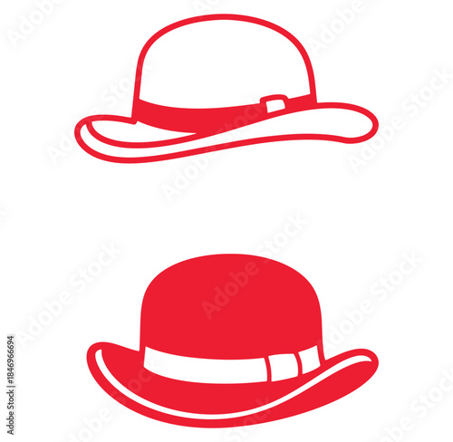 Two distinct red bowler hats silhouetted against a clean white background with graphic style