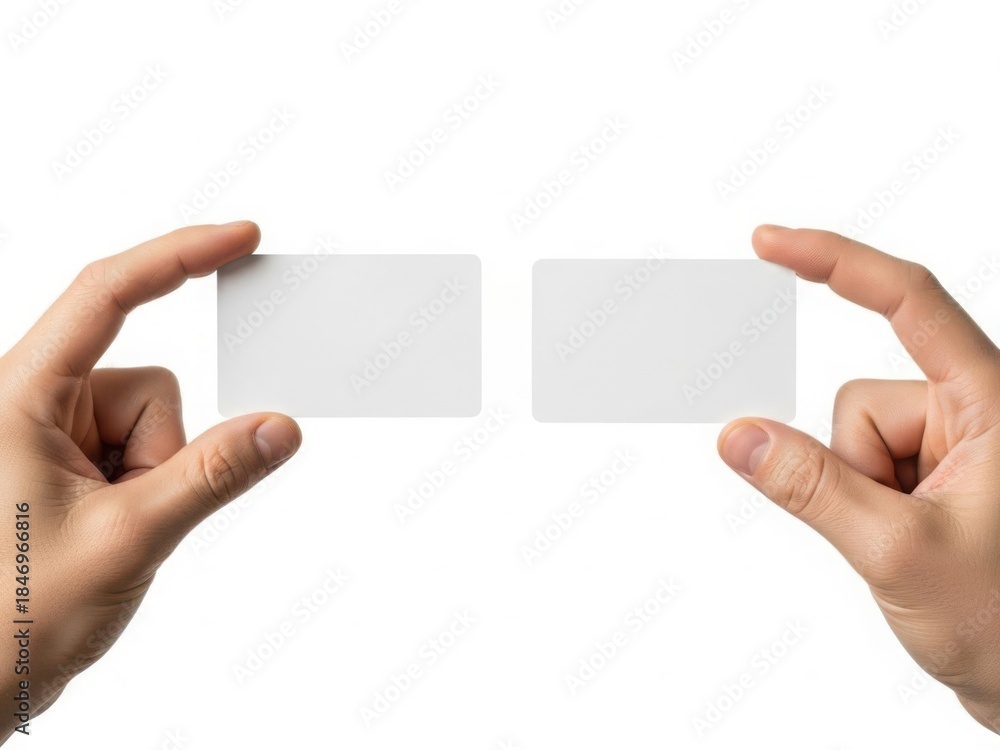 Fototapeta premium Two hands holding blank white cards isolated on white background