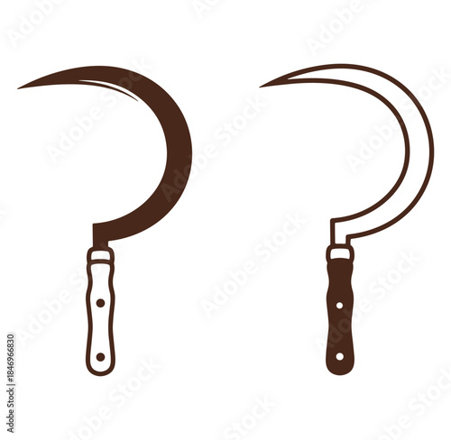 Two minimalist brown sickle illustrations showing different styles for agricultural and farming concepts