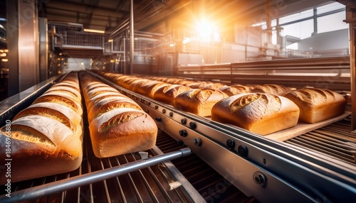 fresh loaves of bread on industrial bakery conveyor line photo food production bakery industry automated process baking technology factory output