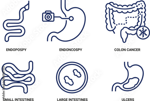 Gastrointestinal health icon set, medical vector illustration, digestive system symbols, stomach and intestine graphics, endoscopy and ulcer awareness
