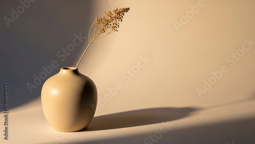 Minimalist beige vase with dried flower and soft light.
