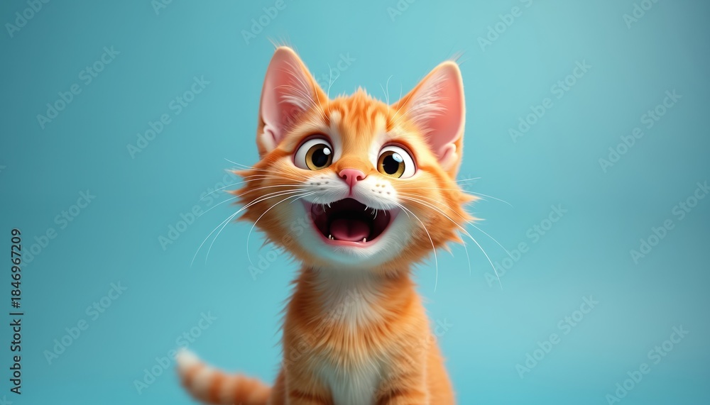 Fototapeta premium Astonished ginger cat with big eyes and open mouth on blue background. Funny feline expression, cute and playful domestic pet looking surprised, full of wonder.