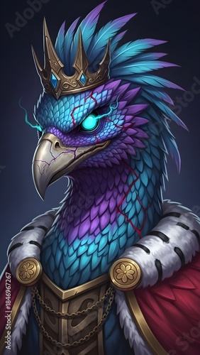 Portrait of a corrupted fantasy bird king with glowing blue eyes, cracked beak, and blood wearing a golden crown