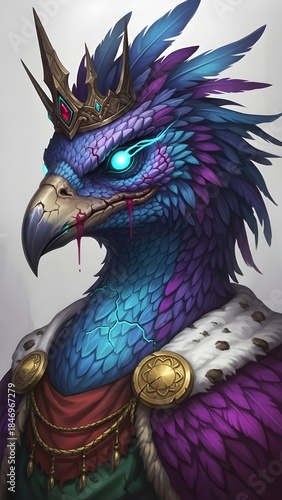 Dark magic gryphon or eagle monarch in royal robes with ominous expression, digital character illustration