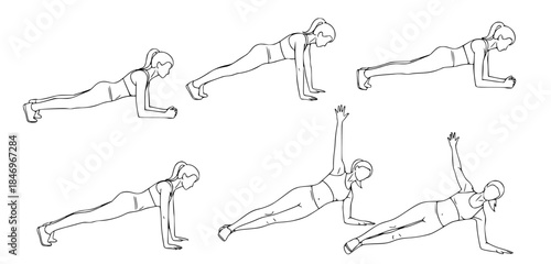 Exercise illustrations showing a woman performing plank variations
