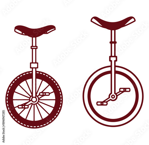 Two stylish maroon unicycles side by side with modern minimalist design on a white background