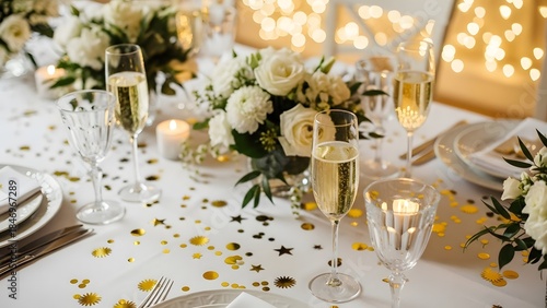Elegant Wedding Table Setting with Champagne Glasses and White Flowers stock (31