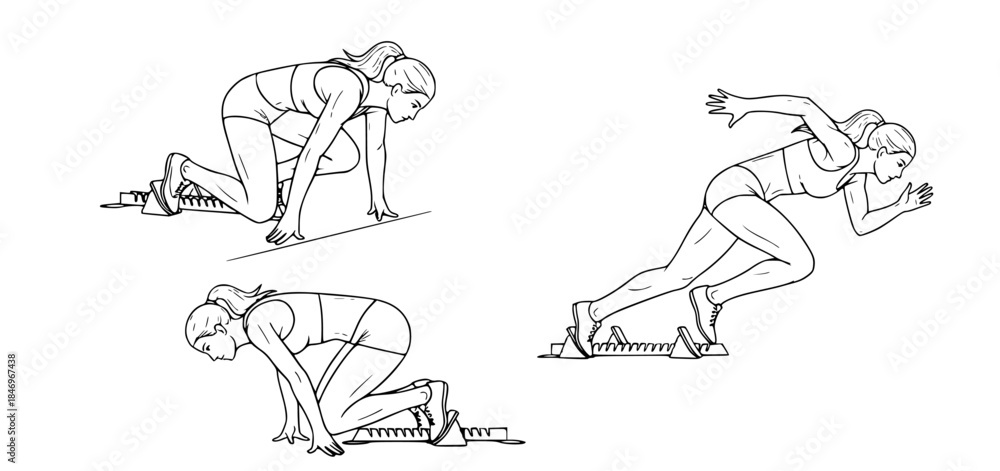 Fototapeta premium Athletic runner in starting blocks and mid-stride illustration of sprint race preparation