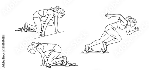Athletic runner in starting blocks and mid-stride illustration of sprint race preparation