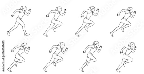 Animated sequence of a woman in a running motion, depicted in outline style