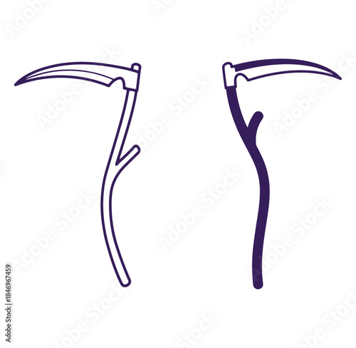 Two stylized reaper scythe illustrations in outline design for halloween or death concepts
