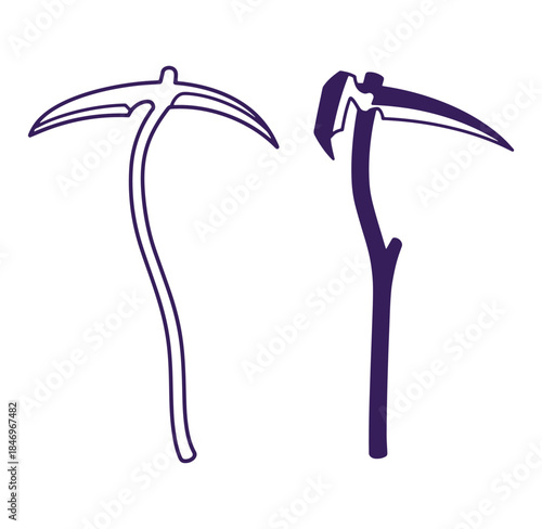 Two stylized reaper scythes in silhouette against a white background for halloween concepts