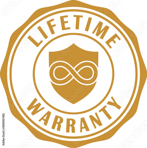Gold Lifetime Warranty Badge Icon with Infinity Shield Symbol