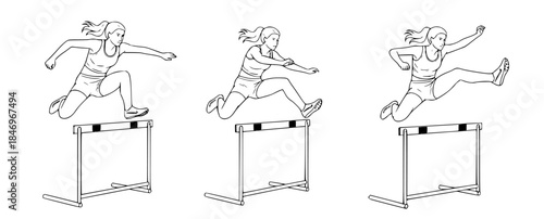 Hurdles race three athletic women jumping over hurdles