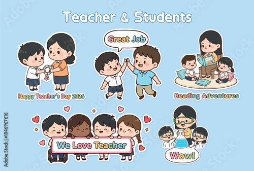 A cute cartoon sticker collection featuring teachers and students engaging in activities like reading, science experiments, and celebrating Teacher's Day 2026 on a light blue background