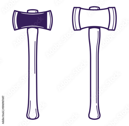 Two vector illustrations of double-bit axes in contrasting colors with white background