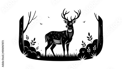 Graceful Deer Forest Clearing, B&W Flat Design