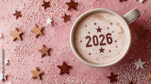 Hot beverage in a white mug with festive 2026 design, surrounded by colorful sprinkles and star-shaped cookies on a pink background, celebrating the New Year