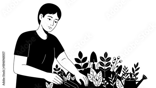 Black & White Flat Design Gardener Tending Plants