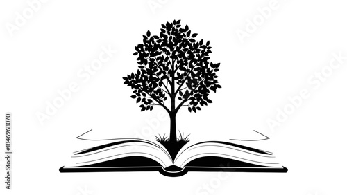 Playful Monkey Swinging Tree, Black/White, Flat Design