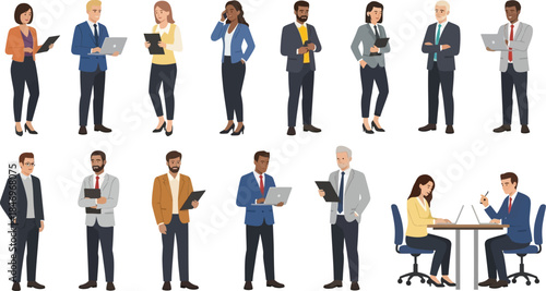 Diverse group of professionals in business attire engaged in various work activities, some holding laptops and documents, illustrated in a clean, modern flat design style