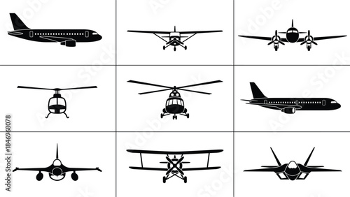 Aircraft silhouette icon grid, airplane and helicopter front views collection, aviation transport symbols, black vector illustration isolated on white background