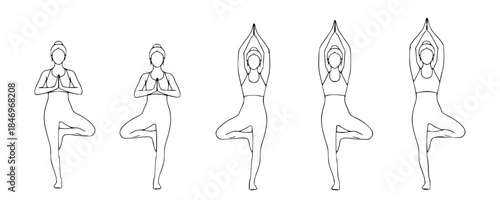Black and white illustrations of a woman in yoga tree pose, showing progression for mindful balance